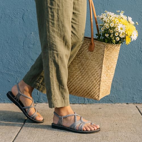 Plaka Palm Leaf Flat Summer Sandals for Women | Perfect for the Beach Walking & Dressy Occasions | Urban Gray | Size 7