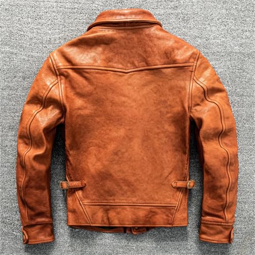 keusyoi Vintage Sheepskin Genuine Leather Jacket Lapel Single-Breasted Men's Short Slim Solid Color Leather Biker Jacket steampunk buy now online