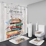 DDQQ Colorful Books Shower Curtain Set with Non-Slip Rugs, Inspirational Quotes Floral Books Bathroom Decor Accessories Sets with Hooks, Bathroom Decor Set
