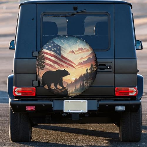 Image of Black Bear American Flag Sunset Mountain Spare Tire Cover Wheel Protectors Waterproof UV Resistant Wheel Covers Universal Fit for SUV Truck Rv Trailer Camper Travel Accessories 17 inch