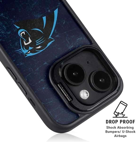 Skinit Kickstand Phone Case Compatible with iPhone 15 Plus - Officially Licensed NFL Carolina Panthers Distressed Design