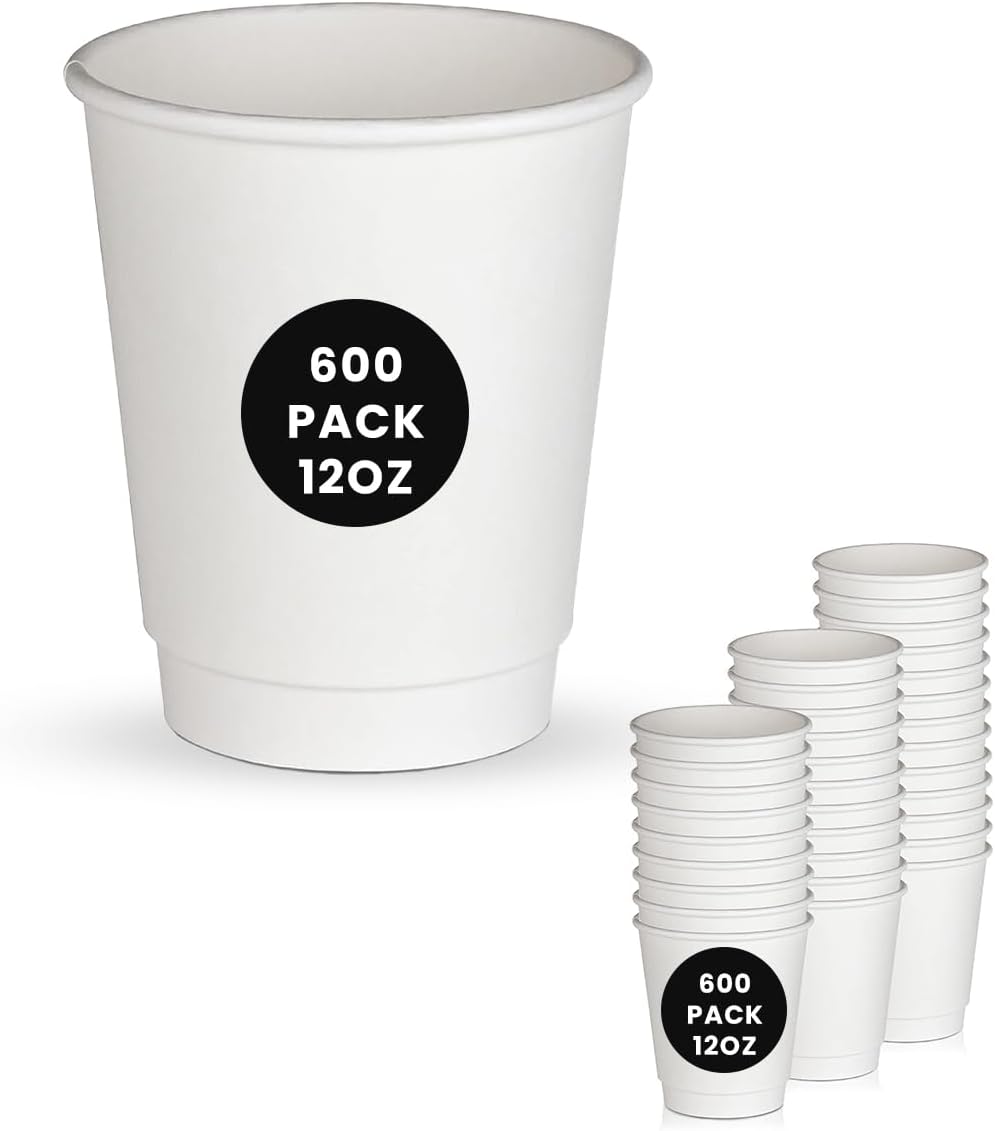 PTM PARTY 600 Pack 12 oz Disposable Paper Coffee Cup, White Paper Hot Coffee Cups - Hot/Cold Beverage Drinking Cups, Paper Coffee Cups, DWPC-012