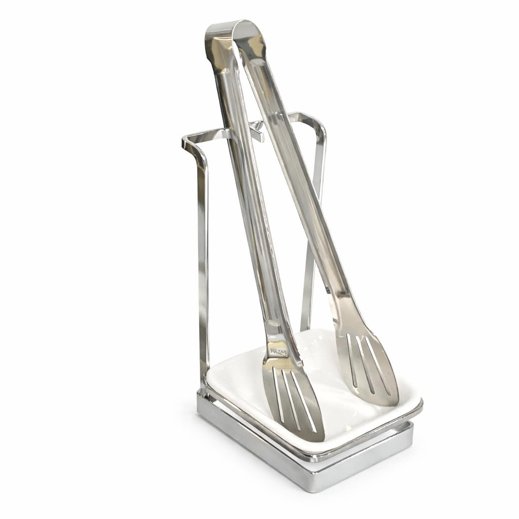 Poggiapiedi con pinza inclusa | Supporto da cucina in acciaio inox con piatto in ceramica | Design verticale antigoccia | Argento (SILVER)