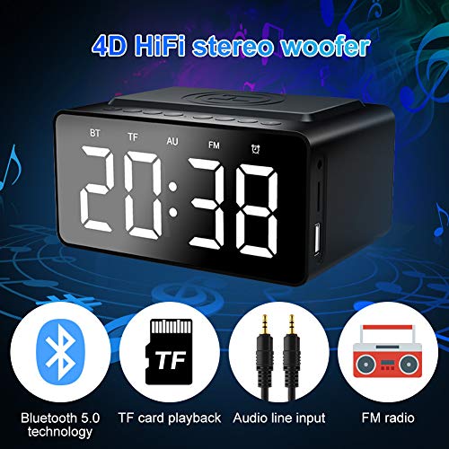LINGSFIRE Wekker Nachtkastje Bluetooth-luidspreker FM-radio Niet tikkende met USB-oplader en draadloos QI-opladen, 3 niveaus digitaal dimbaar led-display, netvoeding met back-upbatterij - Image 4