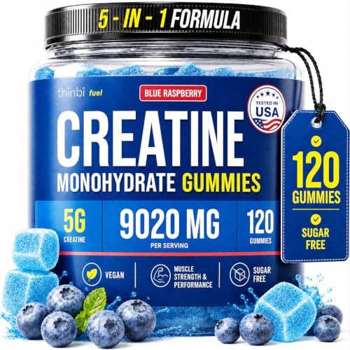 Image of Thinbi Creatine Gummies for Women & Men, Monohydrate, Blueberry, 120 Count | 5-in-1 formula, 5 g creatine per serving, Sugar free, Chewable gummies, Third-party tested