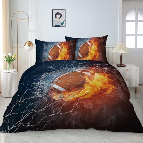 ARIGHTEX American Football Bedding Fire and Ice Brown Ball Flames Pattern Duvet Cover Sports Themed Bedding Dark Blue Orange Boys Duvet Cover Full
