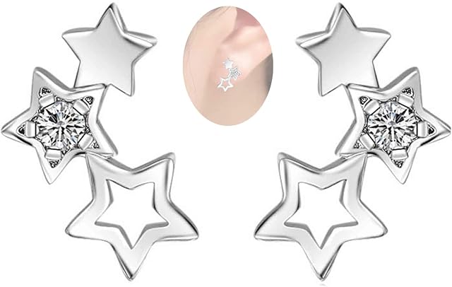 Yheakne Boho Rhinestone Star Ear Climber Earrings Silver Cluster Star Earrings Minimal Crawler Earrings Vintage Studs Earrings Jewelry for Women and Girls