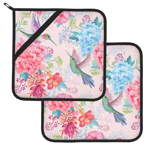 Pot Holders for Kitchen Set of 2, Humming Bird Tropical Flowers Pot Holder Heat Resistant Kitchen Non Slip Pink Printed Cooking Barbecue Baking Microwave BBQ