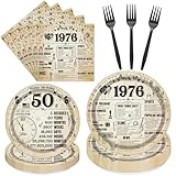 Hokinaa 96 Pcs 50th Birthday Party Plates - Vintage Newspaper Back in 1976 Paper Decorations Disposable Napkins Tableware Retro Cheers to 50 Year Old Decor Supplies for Men Women Serves 24 Guests
