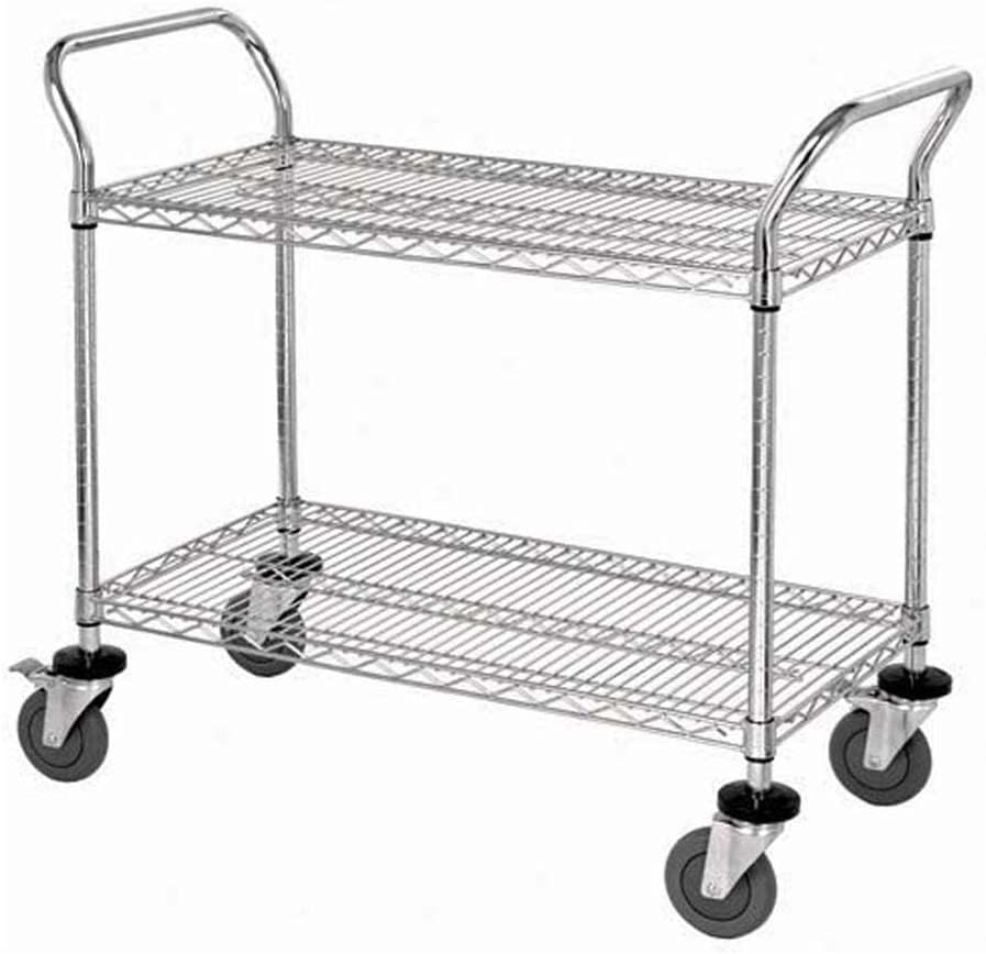 Quantum Storage Systems WRC-1842-2 2-Tier Wire Utility Cart, 2 Wire Shelves, 5" Stem Casters, Chrome Finish, 37-1/2" Height x 18" Width x 42" Length