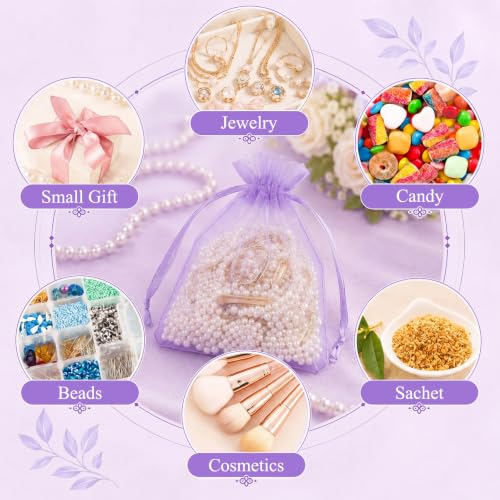 Image of ANZNKU 100 Pack Organza Bags 5 x 7 in Light Purple Small Mesh Gift Bags Bulk Drawstring for Wedding, Goodie Bag for Party Favor Candy Jewelry Soap Makeup, Treat Sachet for Baby Shower Graduation