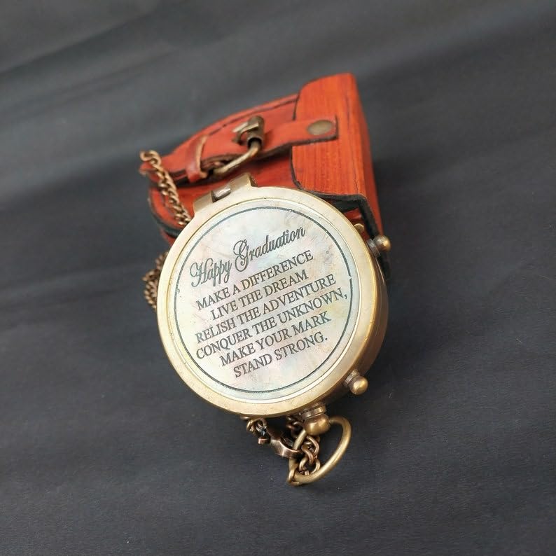 Personalized Antique Brass Compass with Chain & Leather Case | Engraved Pocket Compass for Men | Vintage Nautical Navigation Gift | Custom Adventure Keepsake for Travel, Hiking & Anniversary