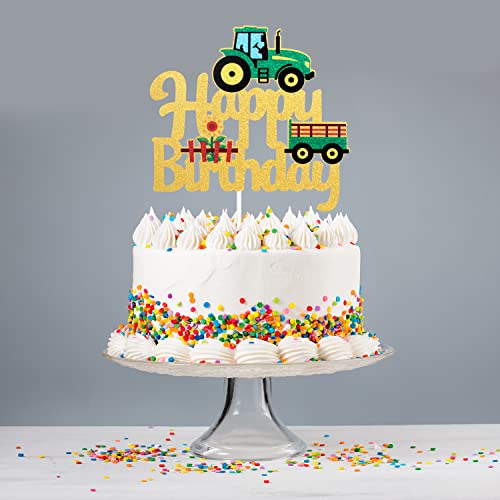 Farm Tractor Happy Birthday Cake Topper - Green Tractor Happy Birthaday Glitter Cake Topper - Boy's Farm Vehicle Green Tractor Birthaday Cake Decoration #TOP5