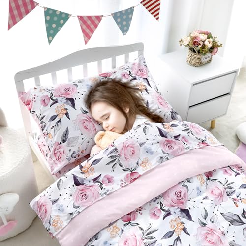 Image of Pea Pod Toddler Bedding Set for Girls, 4 Piece Soft & Breathable Floral Crib Bedding Set, Bed-in-A-Bag Toddler Microfiber Sheet Set, Includes Comforter, Flat Sheet, Fitted Sheet, Pillowcase, Pink