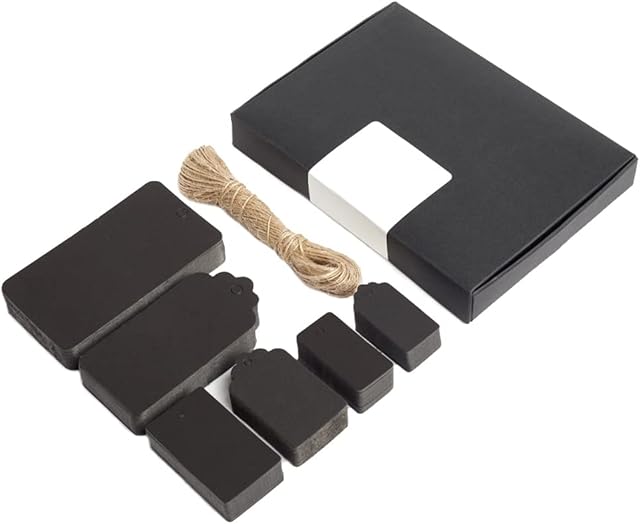 Box.it.pack.it Kraft Paper Gift Tags, Black, Mixed Shape, 200 Pack with String