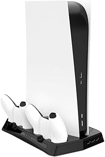 CONNYAM Charging Stand with Cooling Fan for PS5 Ultra HD Console and PS5 Digital Edition, DualSense Controller Charge Station and 14 Retractable Game Storage for Sony Playstation 5
