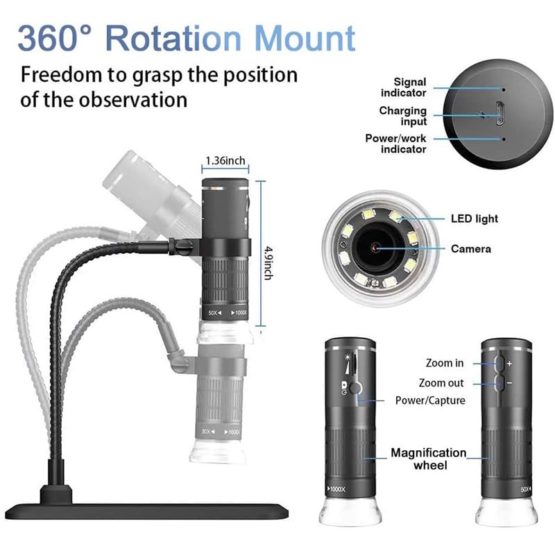 Microscopio Digital con Soporte Elevador, microscopio de Bolsillo con Lupa de 8 Luces LED