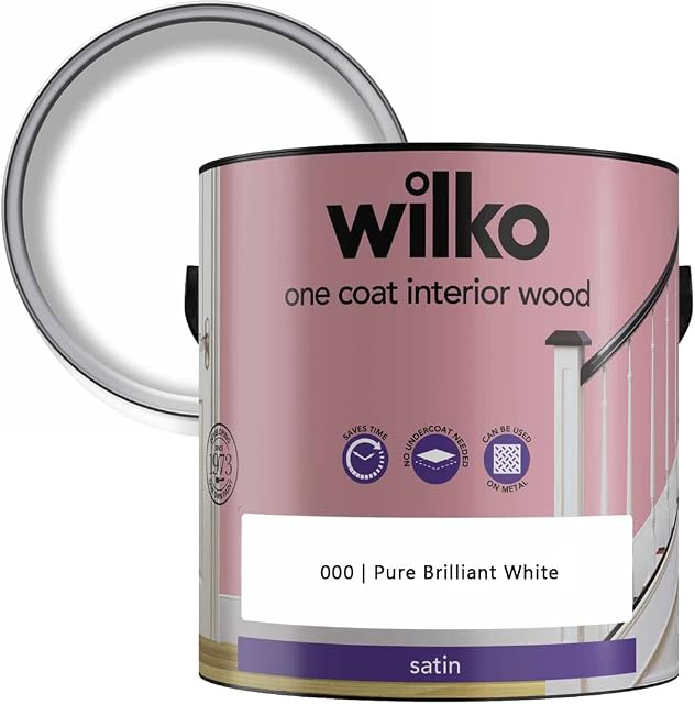wilko Pure Brilliant White Satin One Coat Interior Wood Paint, No Undercoat Required, Suitable for Interior and Exterior use, 2.5L