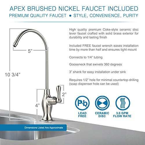 Apex Under Sink Drinking Water Filter - 3 Stage Inline Under Kitchen Counter Purification System - Max Flow Brushed Nickel Faucet #TOP6