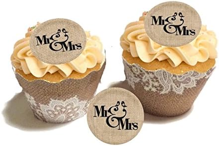 48 Burlap Vintage Style Pre Cut Mr & Mrs Wedding Edible Wafer Cupcake Disc Decorations Toppers