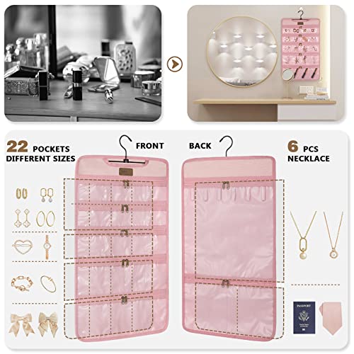 Smriti Jewelry Travel Organizer, Foldable Hanging Jewelry Organizer With 360 Degree Rotating Hanger And 23 Clear Dust Proof Dual Zippered Pockets For Traveling, Closet, Suitcase (Pink) #TOP3