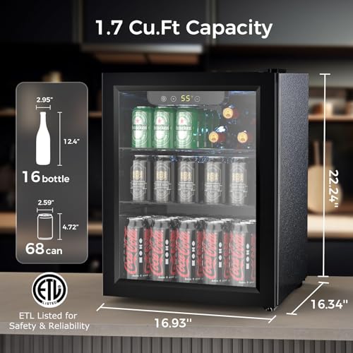 Image of COWSAR Mini Fridge Cooler, 16 Bottle 68 Can Beverage Refrigerator with Glass Door for Wine Beer Soda, Wine Fridge with Touch Control Panel, Wire Shelving for Home Office Bar, 1.7 Cu. Ft