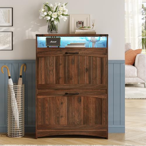 Walnut Brown Shoe Storage Cabinet, Slim Hidden Shoe Rack Organizer Cabine, with 2 Flip Drawers & Open Storage & RGB Lights, for Entryway, Front Door Entrance, Hallway