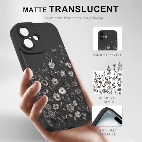 Image of Designed for iPhone 16 Case Flower for Women Girls, Black | Cute Floral Pattern Liquid Silicone Phone Case [Full Camera Protection] Slim Soft TPU Protective Cover