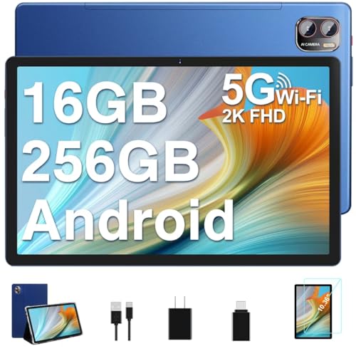 Biegedy Tablette Android Tablette 10.36 Pouces Écran 2K, 16 Go RAM+256 Go ROM (TF 1 to), Octa-Core 2.0 GHz, 5G WiFi / 5+13MP /8600mAh / Bluetooth/Tablette avec Coque de Protection - Bleu