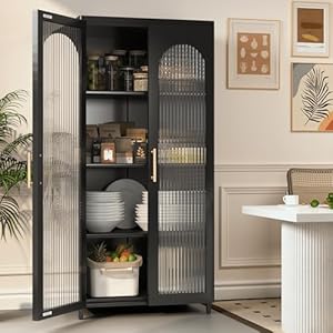 Kitchen Pantry Storage Cabinets, Metal Sideboard Storage Cabinet with Glass Doors and Adjustable Shelves, Modern Furniture Pantry Cabinet for Kitchen, Living Room and Dining Room, Black Kitchen Pantry Storage Cabinets Metal Sideboard Storage Cabinet with Glass Doors and Adjustable Shelves Modern Furniture Pantry Cabinet for Kitchen Living Room and Dining Room Black