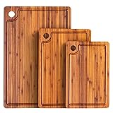 Cutting Boards for Kitchen, 3-Pack Wood Bamboo Large Cheese Board Chopping Butcher Block with Juice Grooves and Hanging Holes