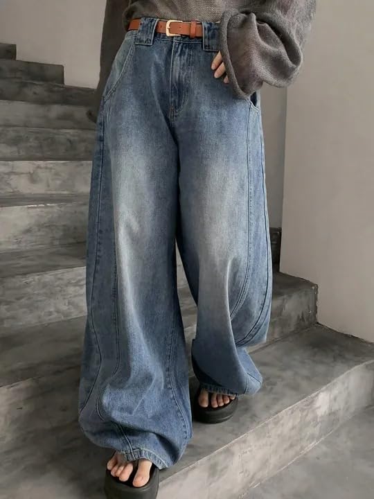 Image of KOTTY Women Trendy Wide Leg Jeans High Waist Baggy Fit Denim Streetwear Jeans