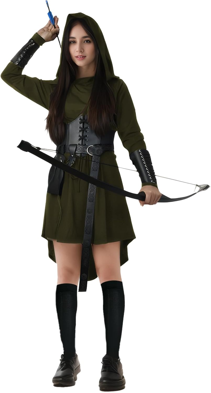 8 Pcs Women Renaissance Fairy Costume Medieval Elf Dress with Faux Leather Arm Pouch Belt for Halloween - Image 2