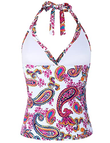 Hilor Women's Plunging V Neck Halter Swimsuits Ruched Bathing Suits Tankini Swimwear Tops Red Paisley 18 #TOP2