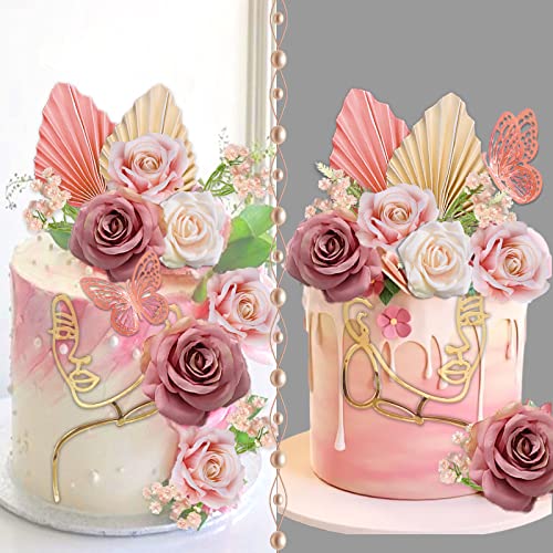 26Pcs Flower Boho Cake Toppers Butterfly Cake Décor Acrylic Minimalist Art Lady Face Cake Toppers With Palm Leaves Artificial Vintage Purple Pink Flowers For Women Birthday Wedding Party Supplies #TOP3