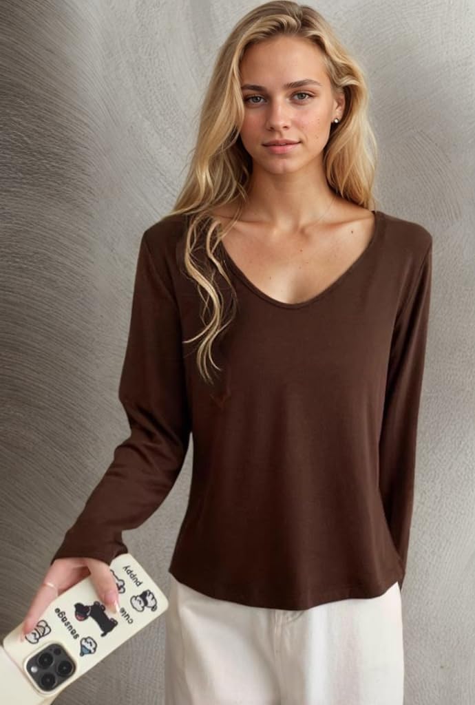 Long Sleeve Shirts for Women, V Neck White T Shirts Women Basic Solid T Shirt - Image 3