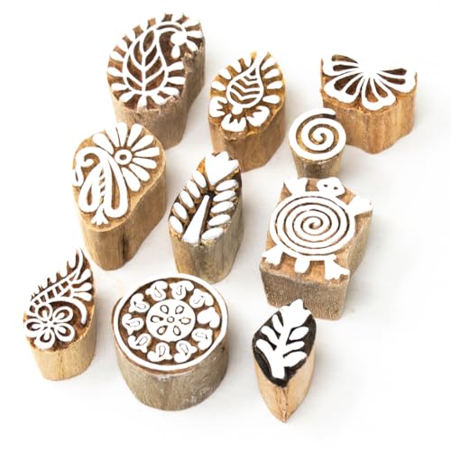 Image of Wooden Stamp Block, Printing Stamp Design Set | Block for Printing Saree Border | Dresses, Craft Card Making, Scrapbook, Clay Pottery | Set of 10