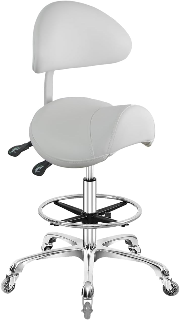 Saddle Stool Chair with Back Support Footrest, Heavy-Duty(350LBS), Hydraulic Rolling Swivel Adjustable Stool Chair for Salon Spa Beauty Massage Dental Clinic Home Office Use(White)
