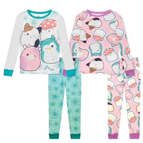 Squishmallows 4 Piece Pajama Set - Girls PJ Set with Long Sleeve Shirt & Pants - Pink Sleepwear Set - Official License