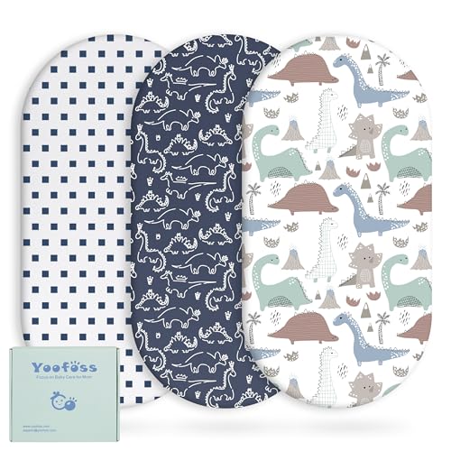 Image of Yoofoss Bassinet Sheets for Baby,3-Pack Fitted Bassinet Sheets Set Compatible with Halo Bassinest Swivel Sleeper,Baby Delight,Angelbliss,Soft Breathable Bassinet Mattress Sheets (Dark Blue+Dinosaurs)