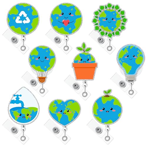 BkeeCten Earth Day Badge Reel - 9 Pcs World Earth Day Eco-Friendly Retractable ID Work Badge Reel Holder Clip Keychain Key Ring Name Tag Cruise Ship Cards Nursing Student Office School LPN CNA Ma