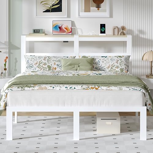ChicZhiNest Queen White Bed Frames with Charging Station and LED