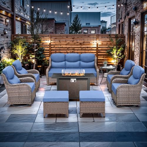 Luxury High Back Outdoor Furniture with 6-inch Extra Thick Cushions, Patio Furniture Set with Fire Pit Table & Swivel Chairs, 9 PCS Wicker Conversation Set for Yard, Deck, Poolside, Brown/Blue
