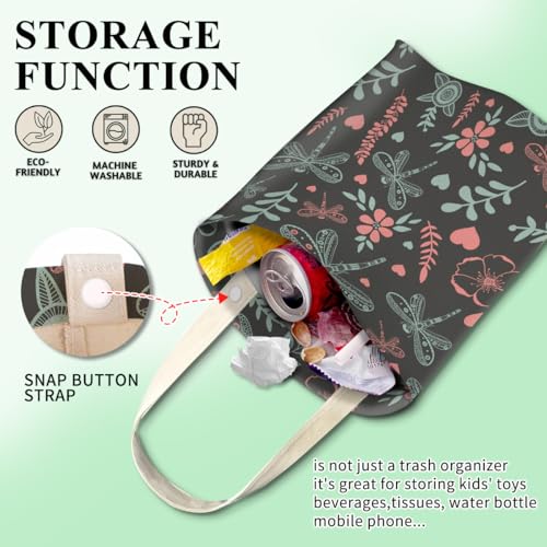Image of Car Trash Can, Cute Car Trash Bag, Hanging Car Organizer and Storage Bag, Trash Bin for Car Accessories, Vehicle, Travelling, Camping Cute Dragonfly and Flowers