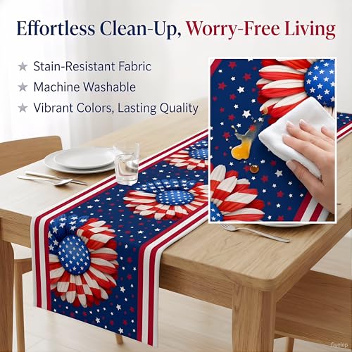 4th of July Decorations - Patriotic USA Stars Floral Table Runner | Fourth of July Accessories for Memorial Day - 250th Anniversary America Merchandise Decor Party Supplies Indoor Outdoor Home — view 6