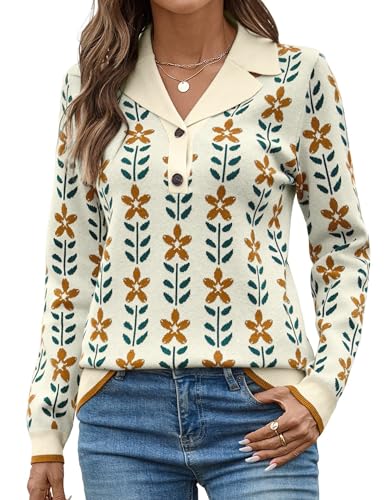 Image of LOMON Sweaters for Women 2025 Fall Knitted V-Neck Collared Button Pullover Dressy Casual Long Sleeve Polo Shirts Business