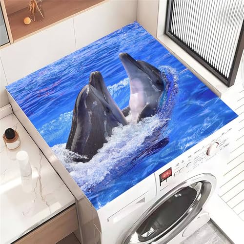 Hixingo Lavadora Estera Protectora, Cubre Lavadora, Funda Secadora Carga Superior, Protector Cubre Antideslizante para Secadoras, Cocinas, Autocaravanas, 3D Océano (Delfín jugando,60 * 60cm)