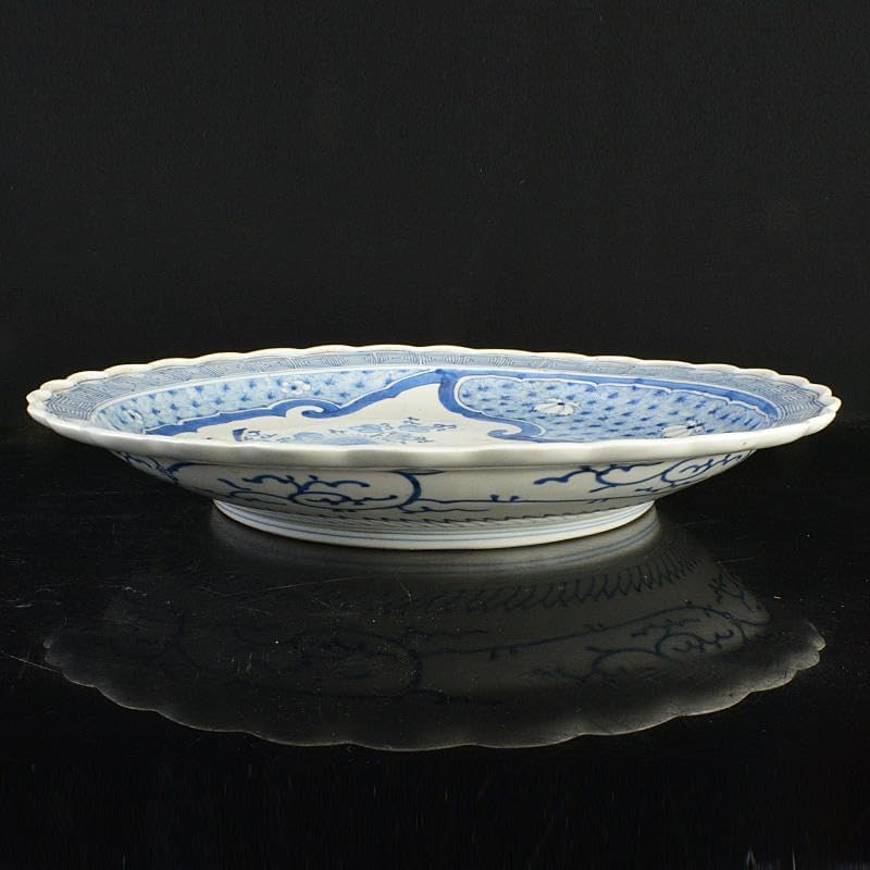 伊万里焼 古伊万里 成化年製款 染付 花蝶文 輪花皿 大皿 V R5965B