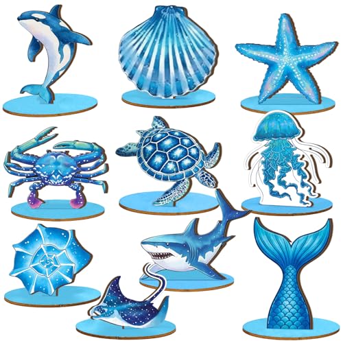 Image of Threehoney 10 Pcs Ocean Wood Table Sign Under The Sea Wooden Beach Table Decor Sea Animal Coastal Beach Centerpiece Nautical Block Summer Decoration for Home Party Supplies(Coastal Style)
