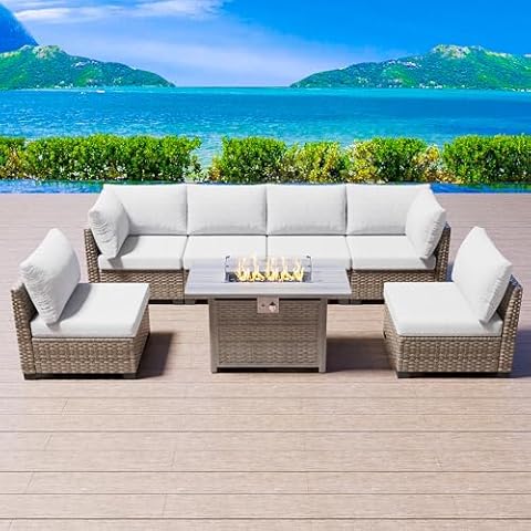 Patio Furniture Set Sofa 7 Pieces Outdoor Furniture Set Sectional Couch with Fire Pit Table Balcony Furniture Patio Table and Chairs Set with Propane Fire Pit (Light Gray, 7 pcs) Cover